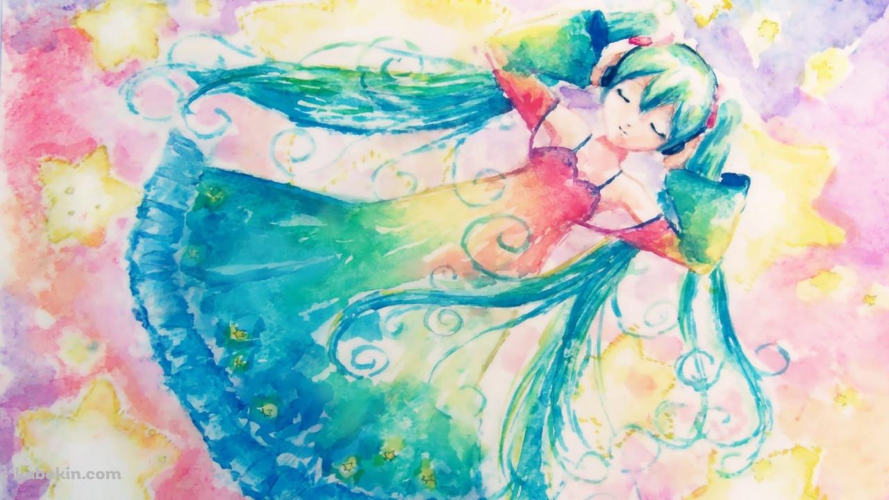 水彩で描かれた目をつぶる初音ミク / ボーカロイドの壁紙(1280px x 720px) 高画質 PC・デスクトップ用