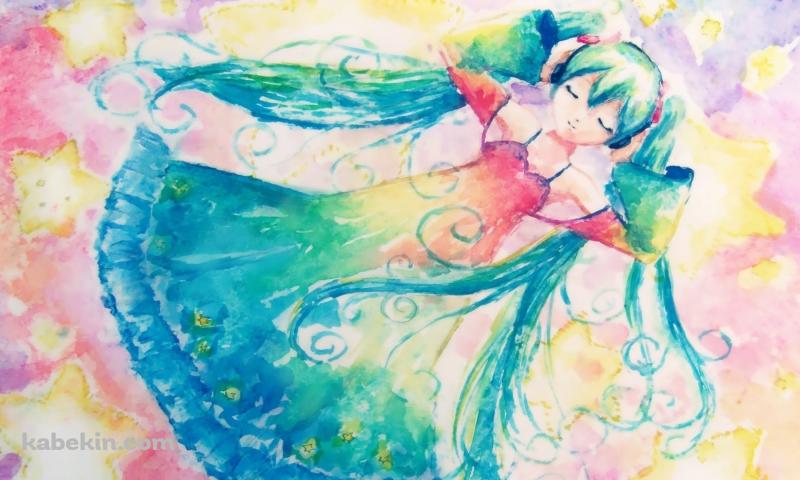 水彩で描かれた目をつぶる初音ミク / ボーカロイドの壁紙(800px x 480px) 高画質 PC・デスクトップ用