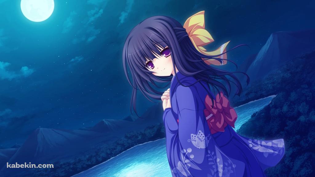 湖畔に立つ紫の着物を着た水無瀬 紫 / Lunaris Filiaの壁紙(1024px x 576px) 高画質 PC・デスクトップ用