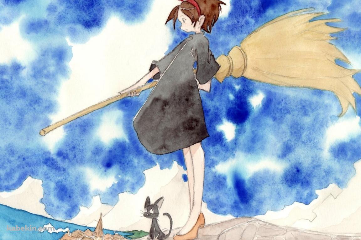 海沿いの岸に立つキキとジジ / 水彩 / ジブリの壁紙(1152px x 768px) 高画質 PC・デスクトップ用