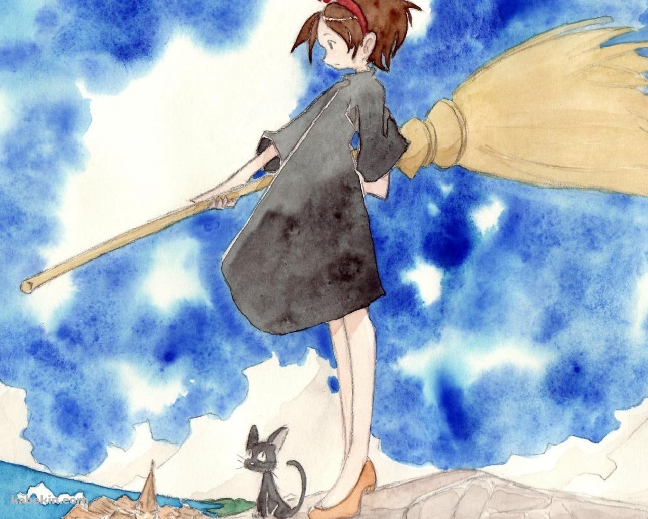 海沿いの岸に立つキキとジジ / 水彩 / ジブリの壁紙(1280px x 1024px) 高画質 PC・デスクトップ用