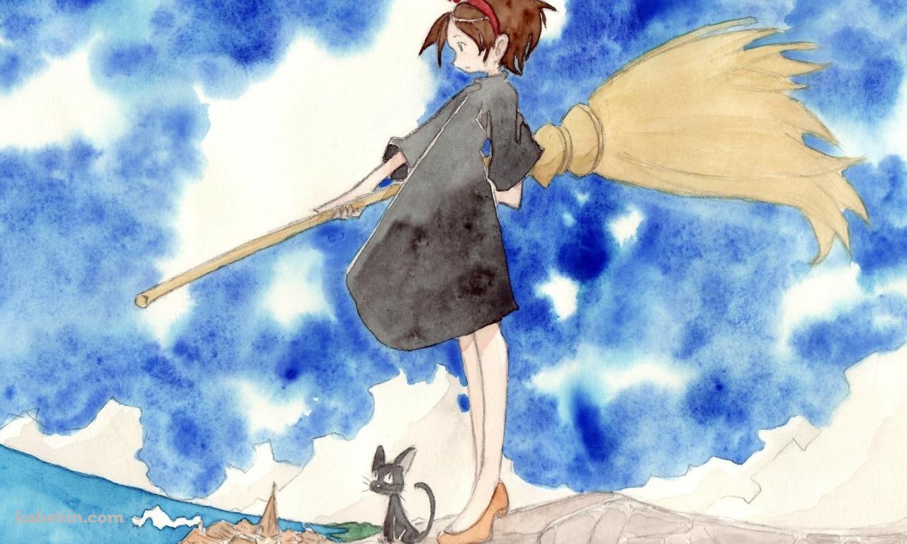 海沿いの岸に立つキキとジジ / 水彩 / ジブリの壁紙(1280px x 768px) 高画質 PC・デスクトップ用