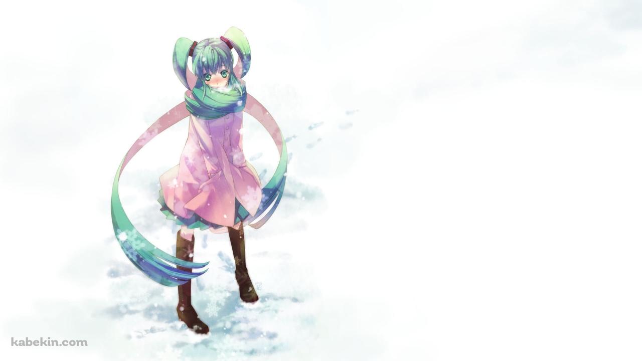 雪原に立つ緑のマフラーに巻く初音ミク / ボーカロイドの壁紙(1280px x 720px) 高画質 PC・デスクトップ用