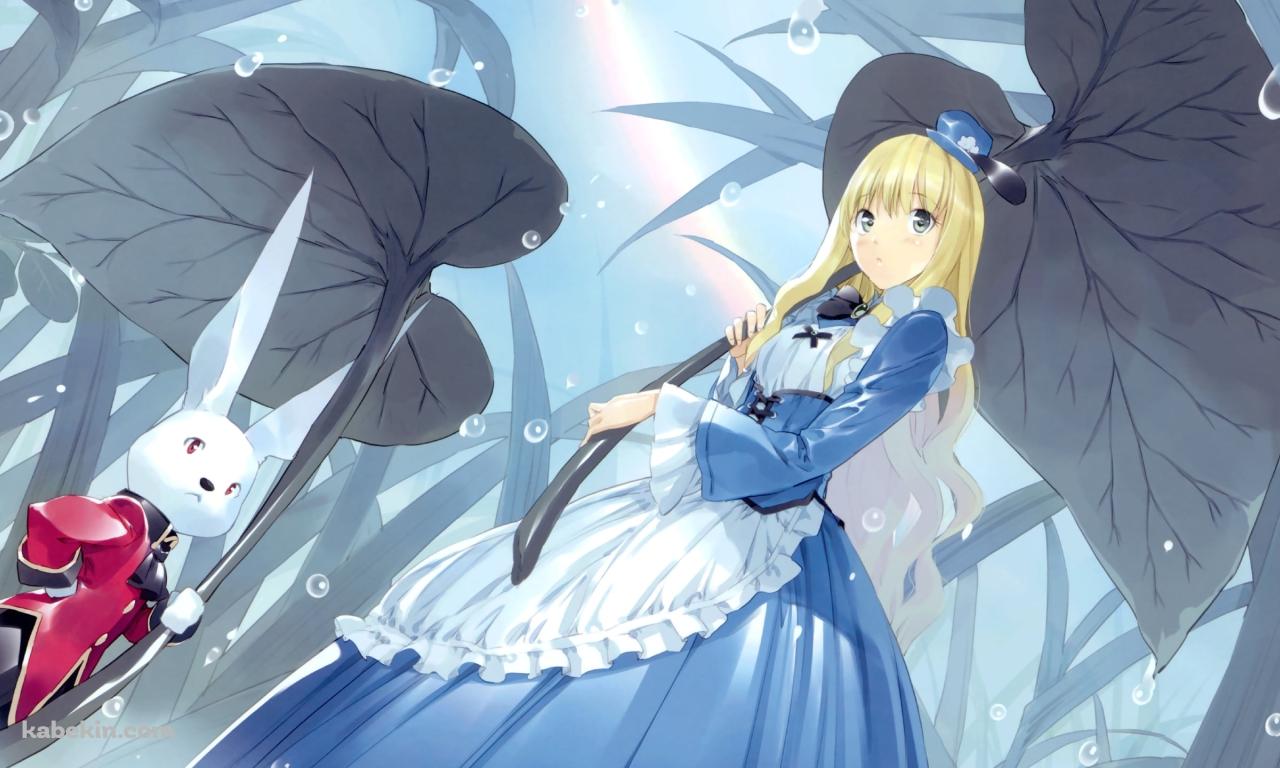 葉っぱを傘にして雨をしのぐアリスとホワイト・ラビット / 不思議の国のアリスの壁紙(1280px x 768px) 高画質 PC・デスクトップ用
