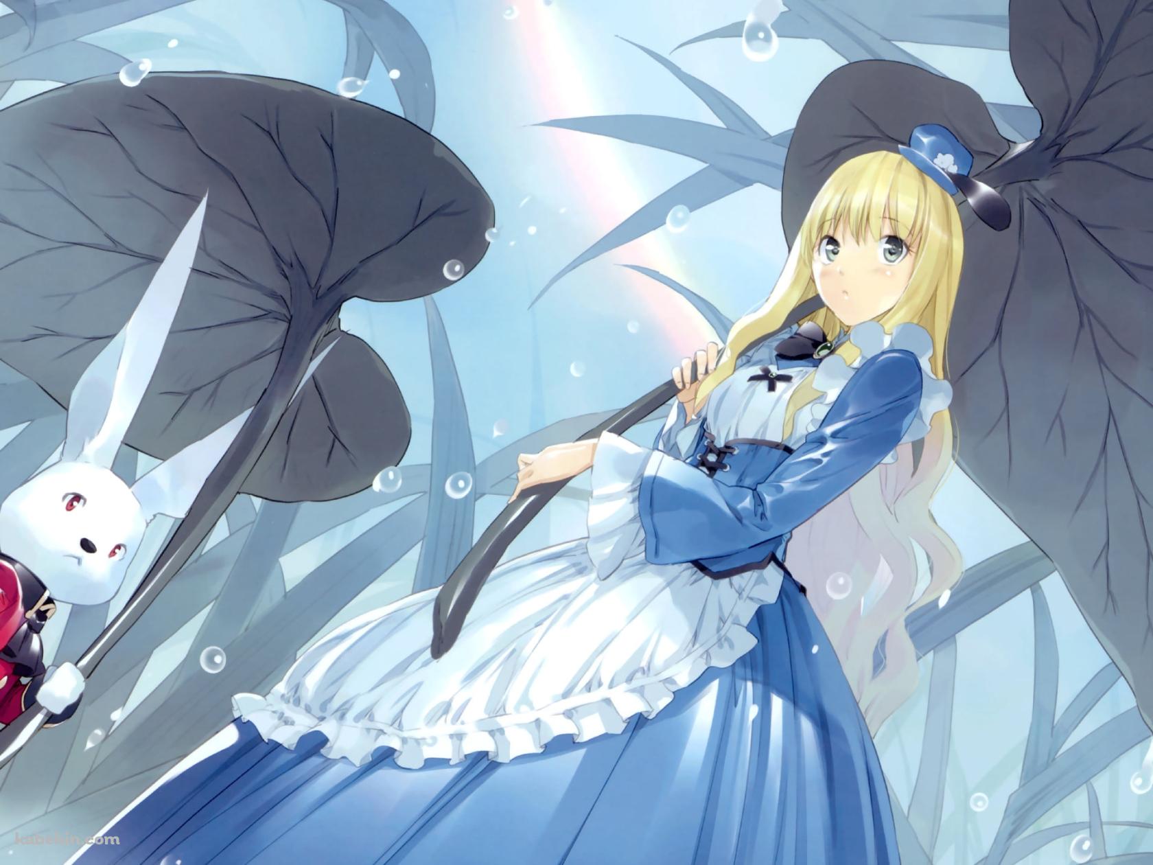 葉っぱを傘にして雨をしのぐアリスとホワイト・ラビット / 不思議の国のアリスの壁紙(1680px x 1260px) 高画質 PC・デスクトップ用