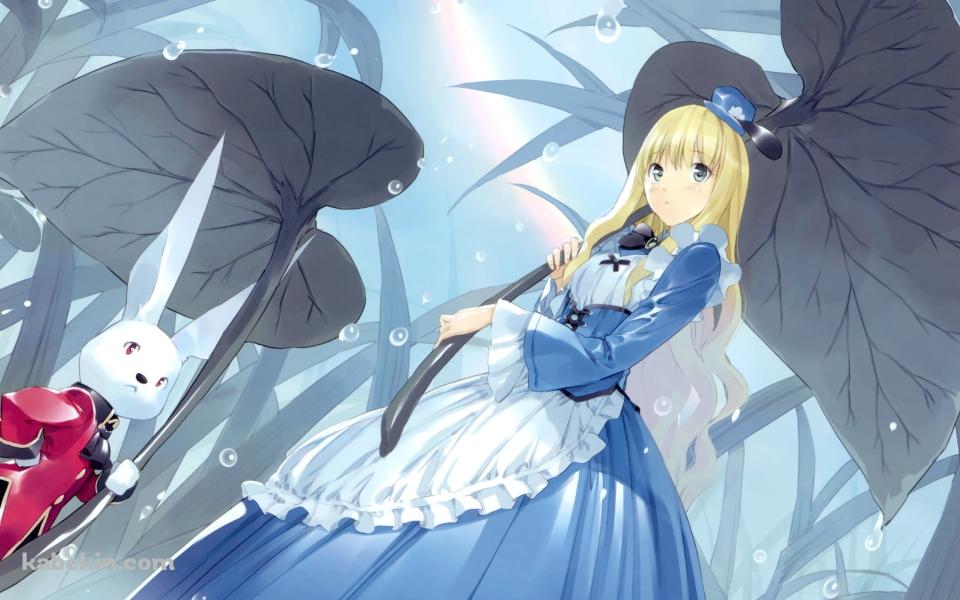 葉っぱを傘にして雨をしのぐアリスとホワイト・ラビット / 不思議の国のアリスの壁紙(960px x 600px) 高画質 PC・デスクトップ用