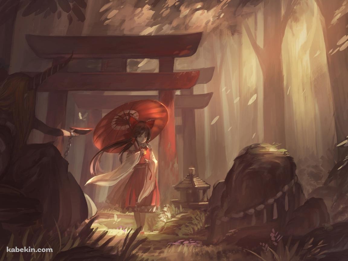 赤い和傘をさした博麗霊夢 / 盃を持つ伊吹萃香 / 赤い鳥居 / 森 / 東方の壁紙(1152px x 864px) 高画質 PC・デスクトップ用