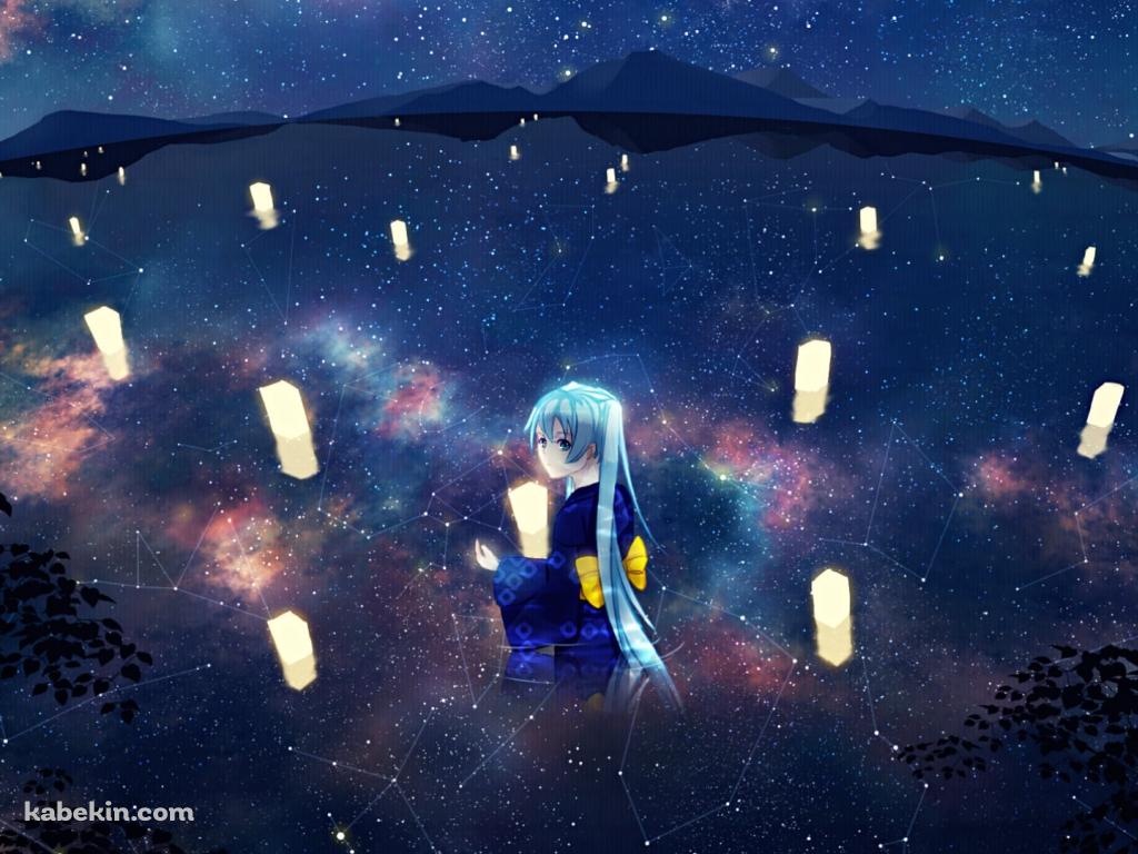 銀河が鏡面する湖に座る浴衣を着た初音ミク / ボカロの壁紙(1024px x 768px) 高画質 PC・デスクトップ用