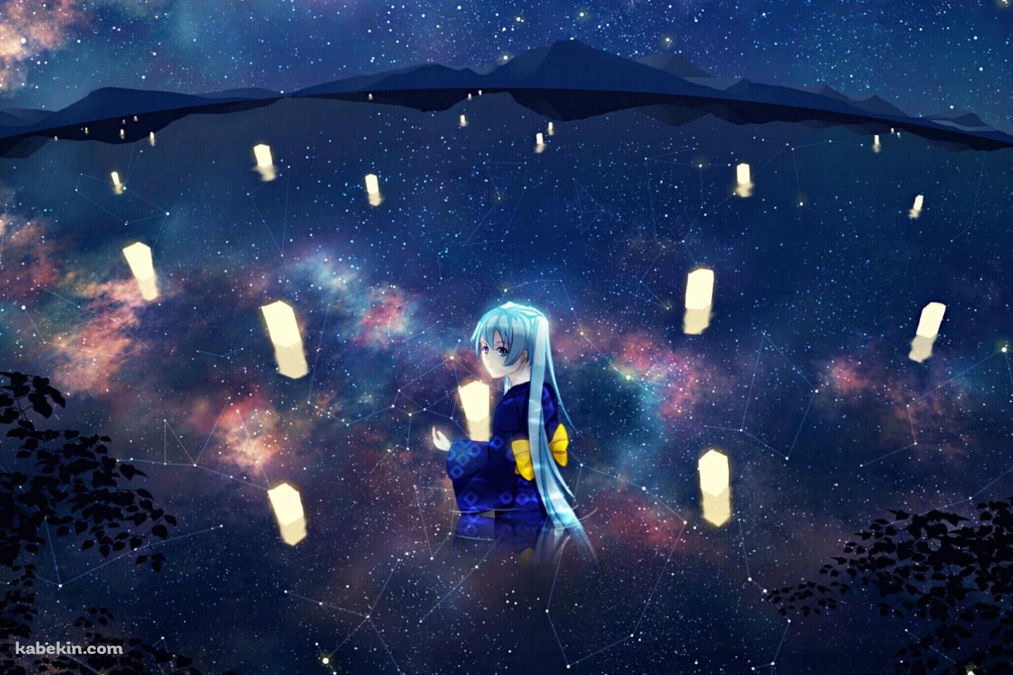 銀河が鏡面する湖に座る浴衣を着た初音ミク / ボカロの壁紙(1440px x 960px) 高画質 PC・デスクトップ用