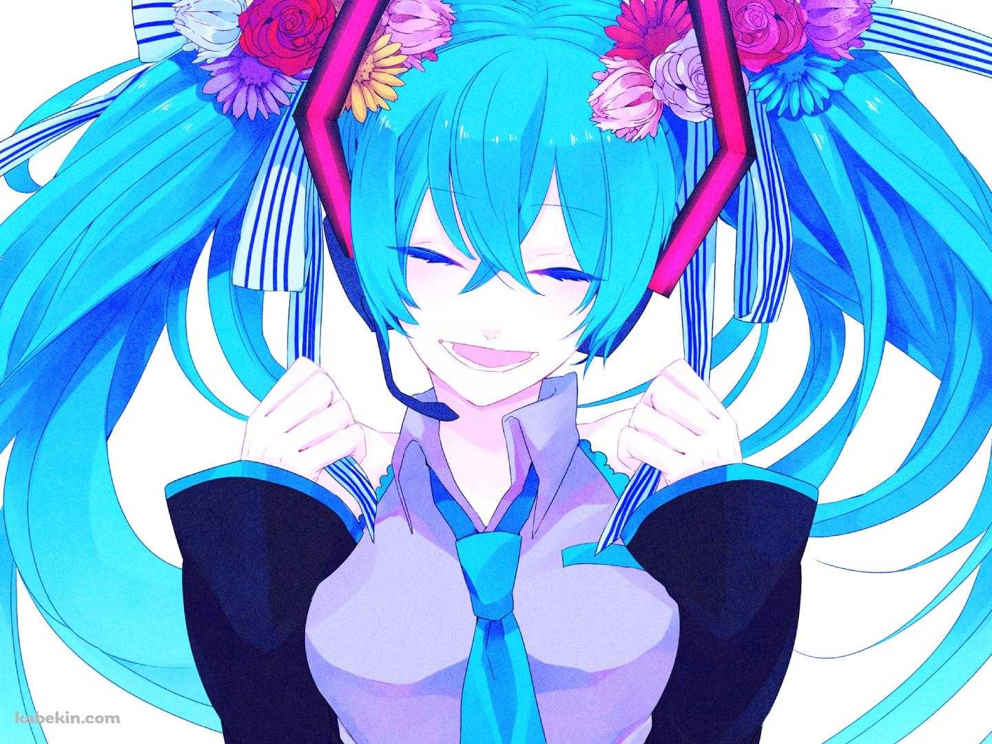 ツインテールの髪を持つ笑顔の初音ミク / 花の髪飾り / ボカロの壁紙(1440px x 1080px) 高画質 PC・デスクトップ用