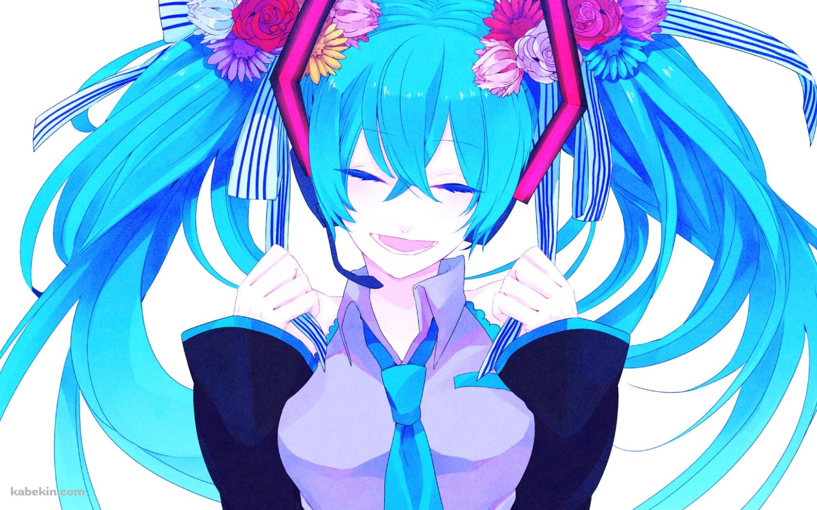 ツインテールの髪を持つ笑顔の初音ミク / 花の髪飾り / ボカロの壁紙(1680px x 1050px) 高画質 PC・デスクトップ用