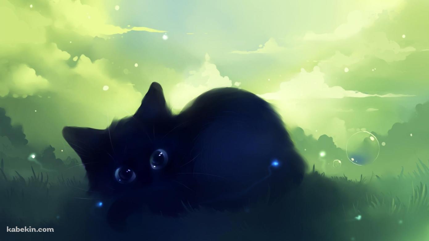 大きい黒猫のイラストの壁紙(1391px x 783px) 高画質 PC・デスクトップ用