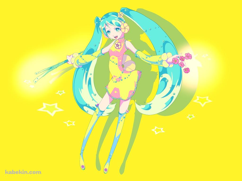 両手にネギと花を持つポップな初音ミク / ボカロの壁紙(1024px x 768px) 高画質 PC・デスクトップ用
