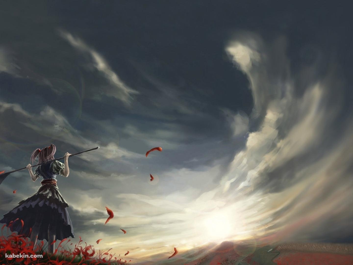 赤い彼岸花と鎌を持つ小野塚小町の後ろ姿 / 東方の壁紙(1440px x 1080px) 高画質 PC・デスクトップ用