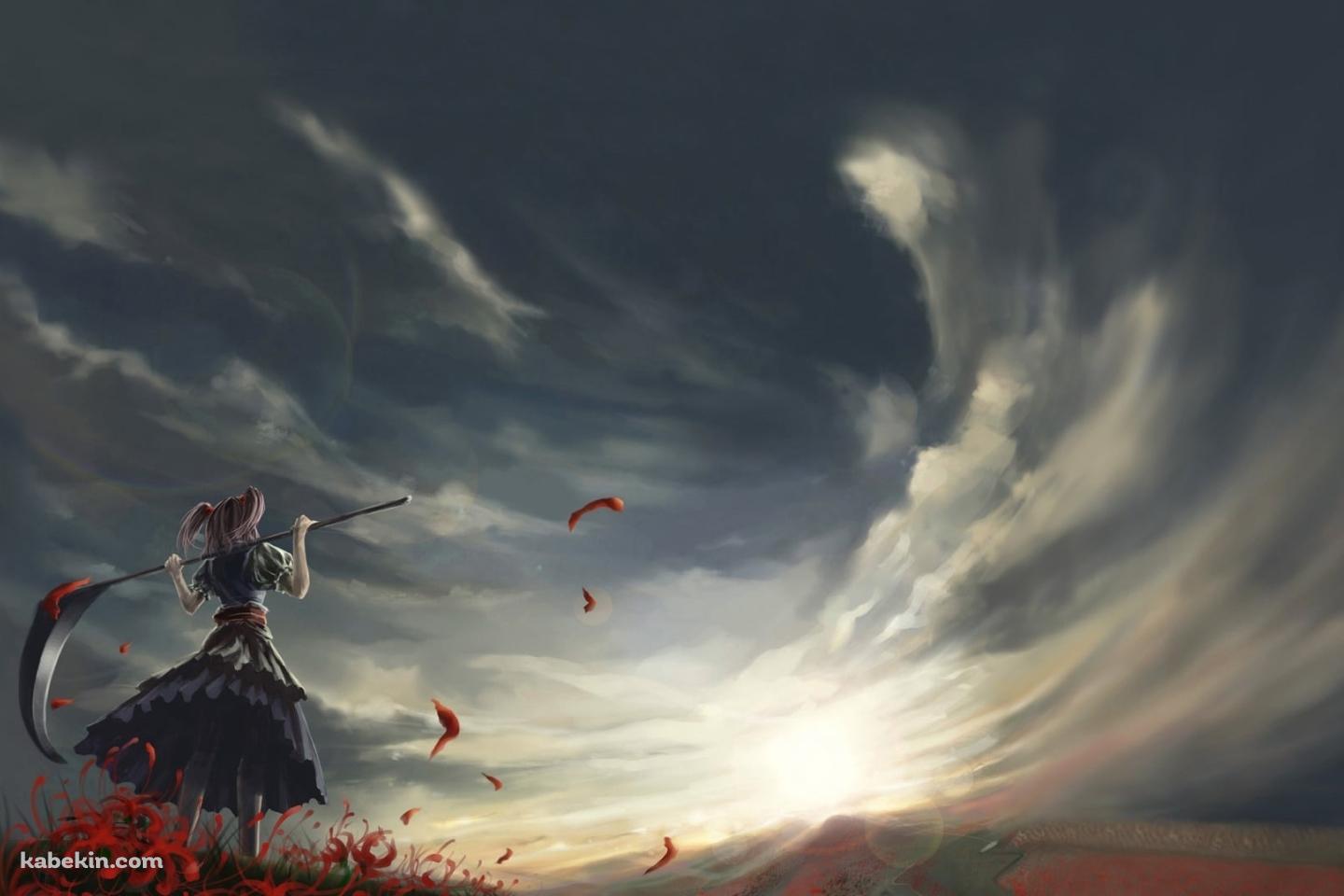 赤い彼岸花と鎌を持つ小野塚小町の後ろ姿 / 東方の壁紙(1440px x 960px) 高画質 PC・デスクトップ用