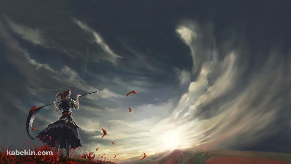 赤い彼岸花と鎌を持つ小野塚小町の後ろ姿 / 東方の壁紙(960px x 540px) 高画質 PC・デスクトップ用