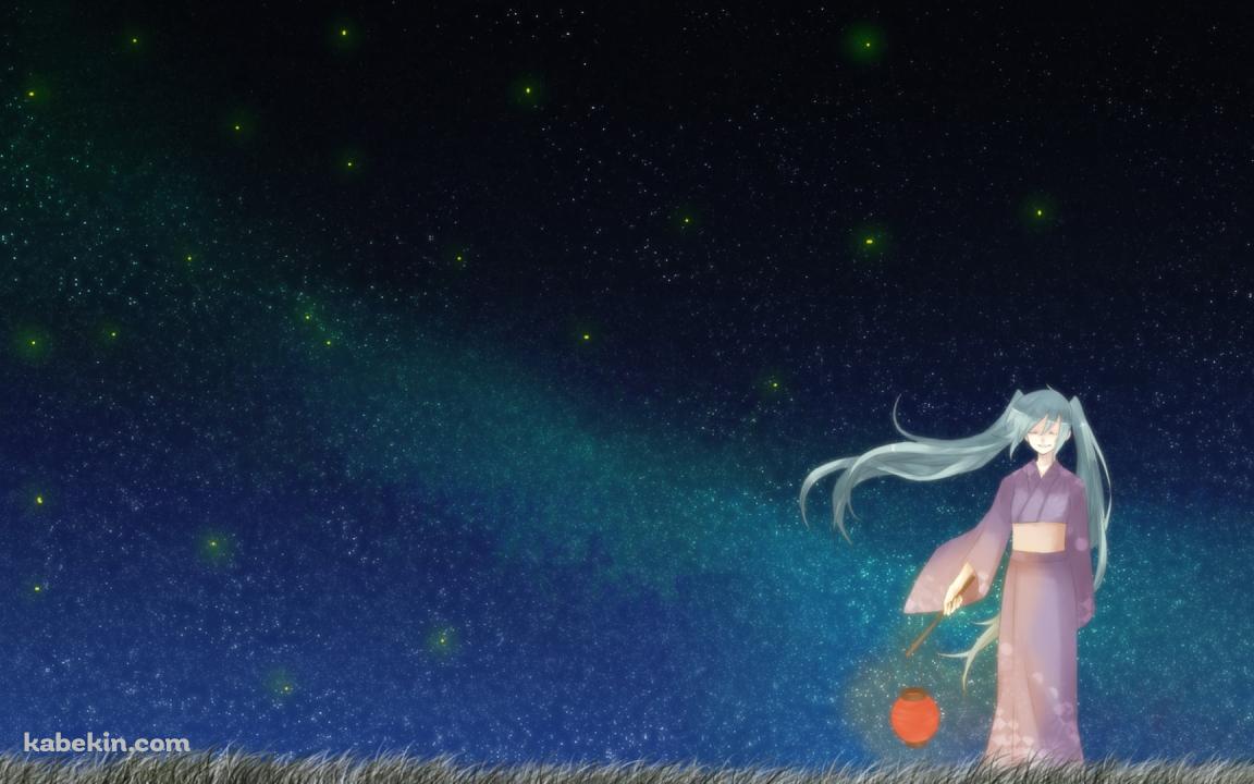 赤い提灯を持ち着物を着た初音ミク / 星空 / ボカロの壁紙(1152px x 720px) 高画質 PC・デスクトップ用