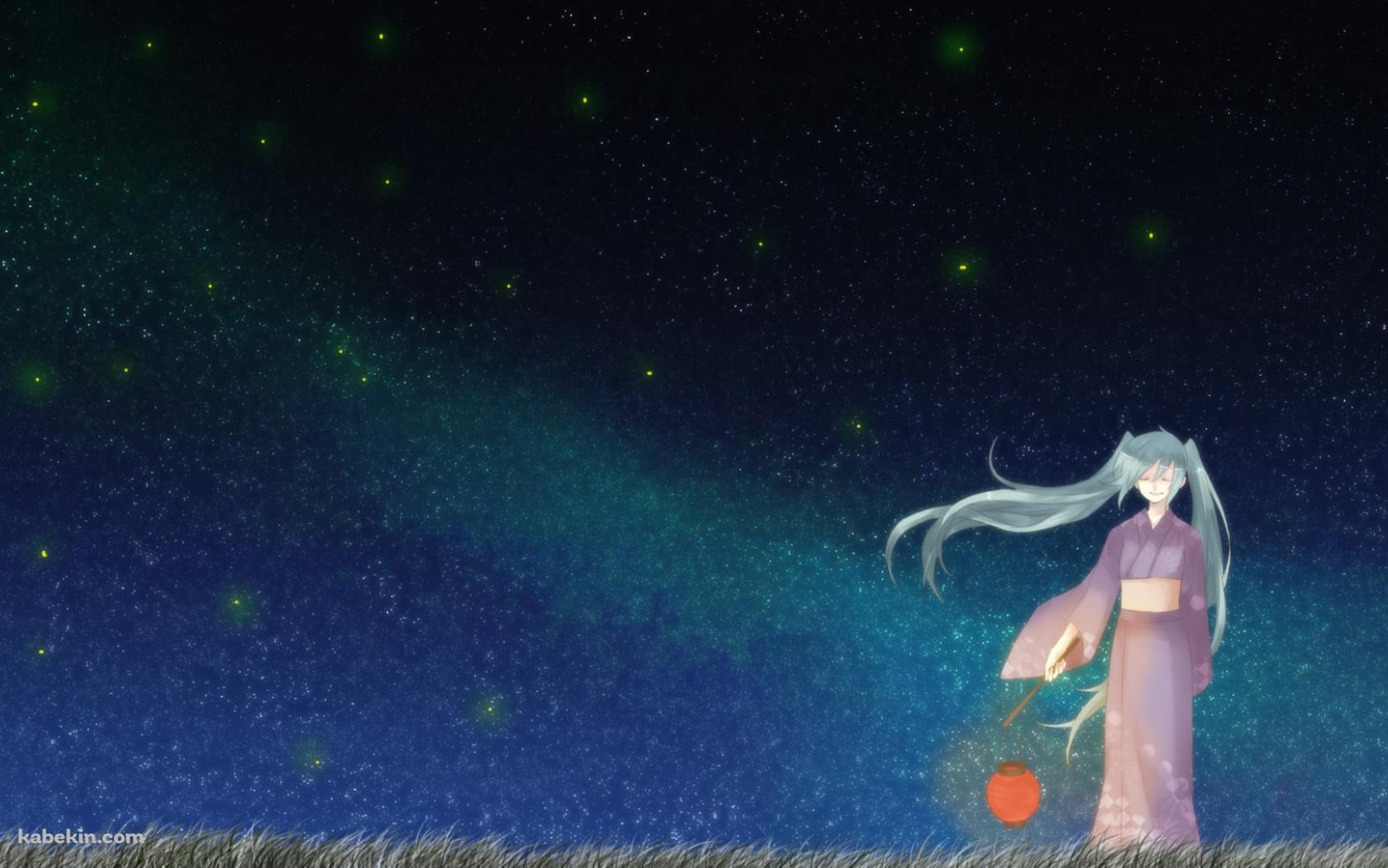 赤い提灯を持ち着物を着た初音ミク / 星空 / ボカロの壁紙(1680px x 1050px) 高画質 PC・デスクトップ用
