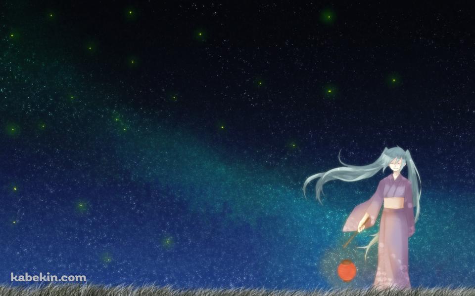 赤い提灯を持ち着物を着た初音ミク / 星空 / ボカロの壁紙(960px x 600px) 高画質 PC・デスクトップ用