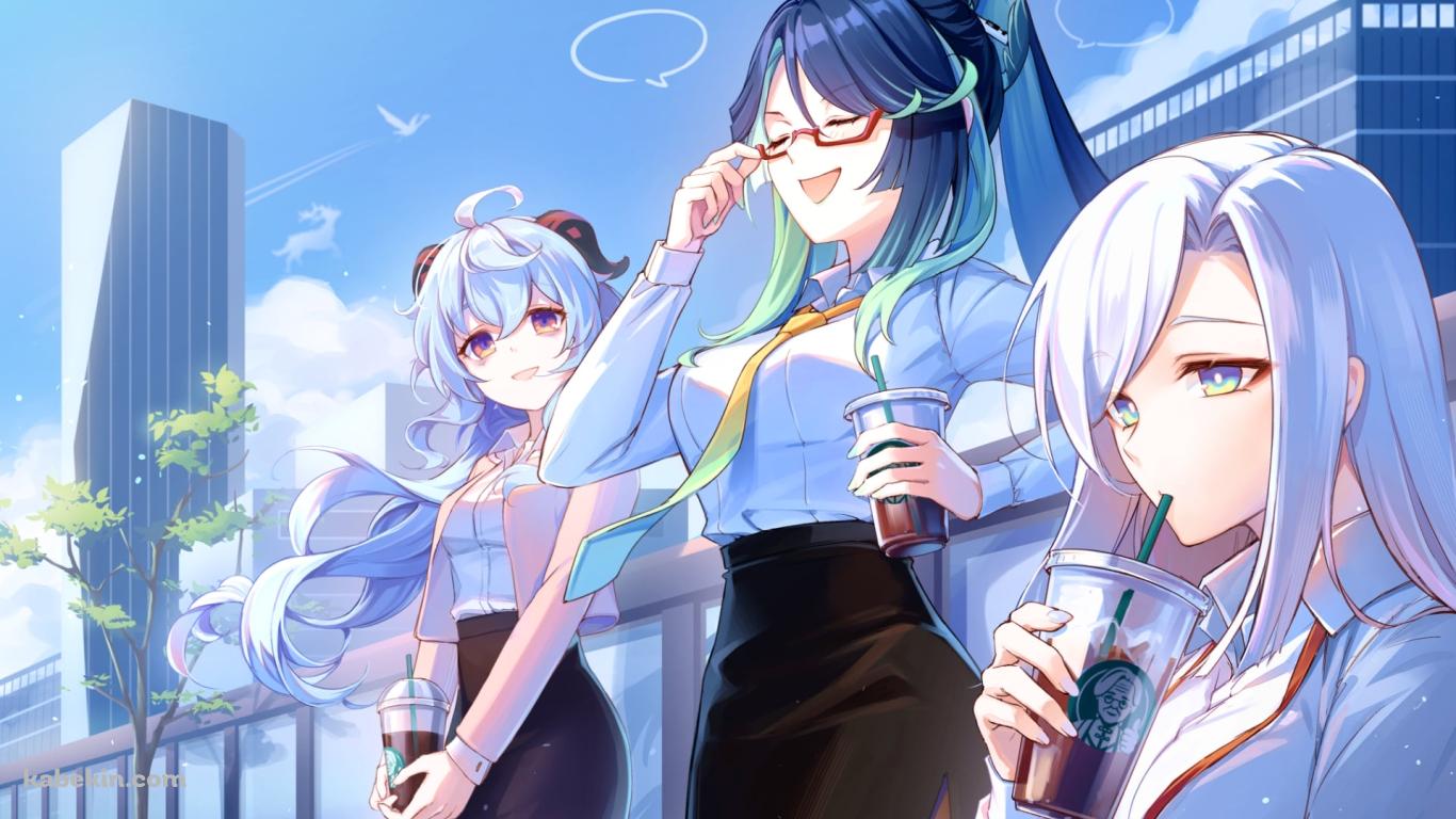 コーヒーを飲むOL姿の甘雨 / 申鶴 / 留雲借風 / 閑雲 / 原神の壁紙(1366px x 768px) 高画質 PC・デスクトップ用
