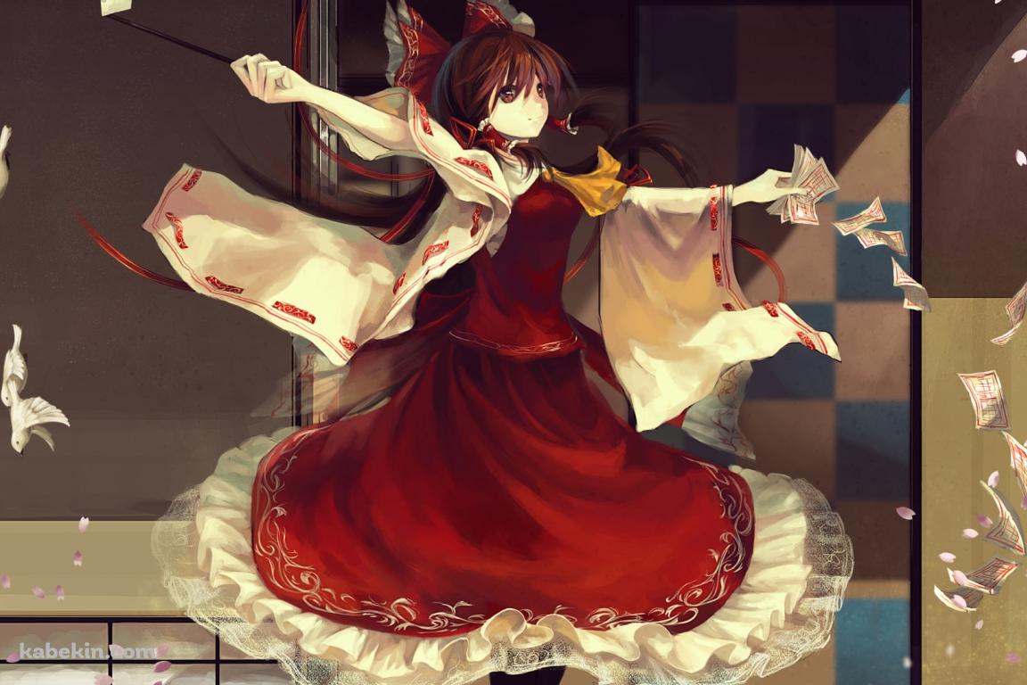 水際でお札を撒き散らして舞う博麗霊夢 / 綺麗 / 東方の壁紙(1152px x 768px) 高画質 PC・デスクトップ用