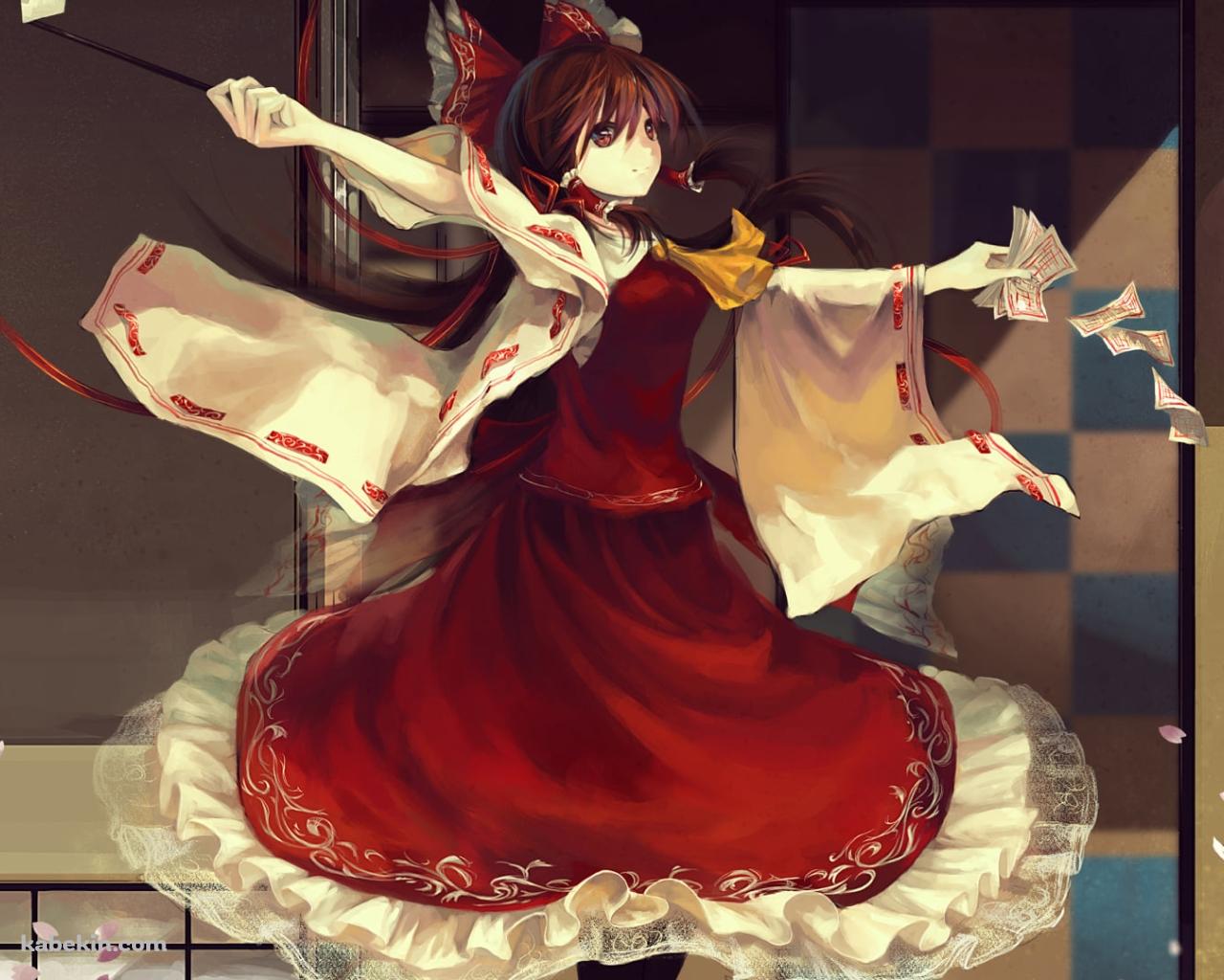 水際でお札を撒き散らして舞う博麗霊夢 / 綺麗 / 東方の壁紙(1280px x 1024px) 高画質 PC・デスクトップ用