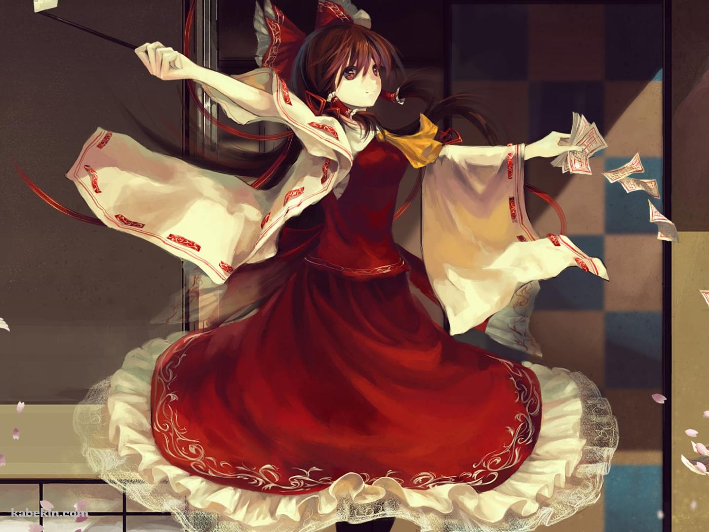 水際でお札を撒き散らして舞う博麗霊夢 / 綺麗 / 東方の壁紙(1400px x 1050px) 高画質 PC・デスクトップ用
