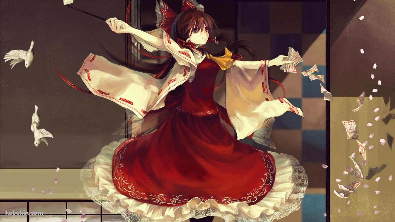 水際でお札を撒き散らして舞う博麗霊夢 / 綺麗 / 東方の壁紙(1600px x 900px) 高画質 PC・デスクトップ用