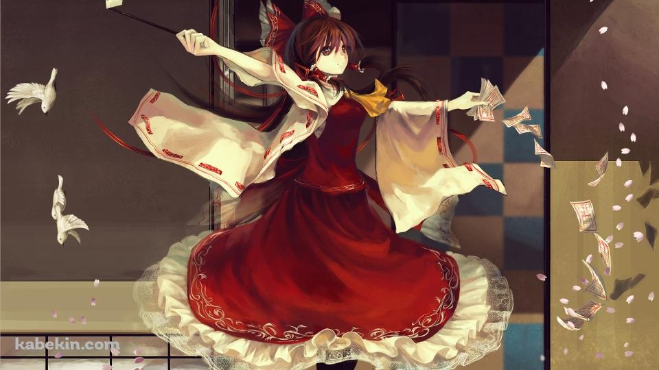 水際でお札を撒き散らして舞う博麗霊夢 / 綺麗 / 東方の壁紙(960px x 540px) 高画質 PC・デスクトップ用