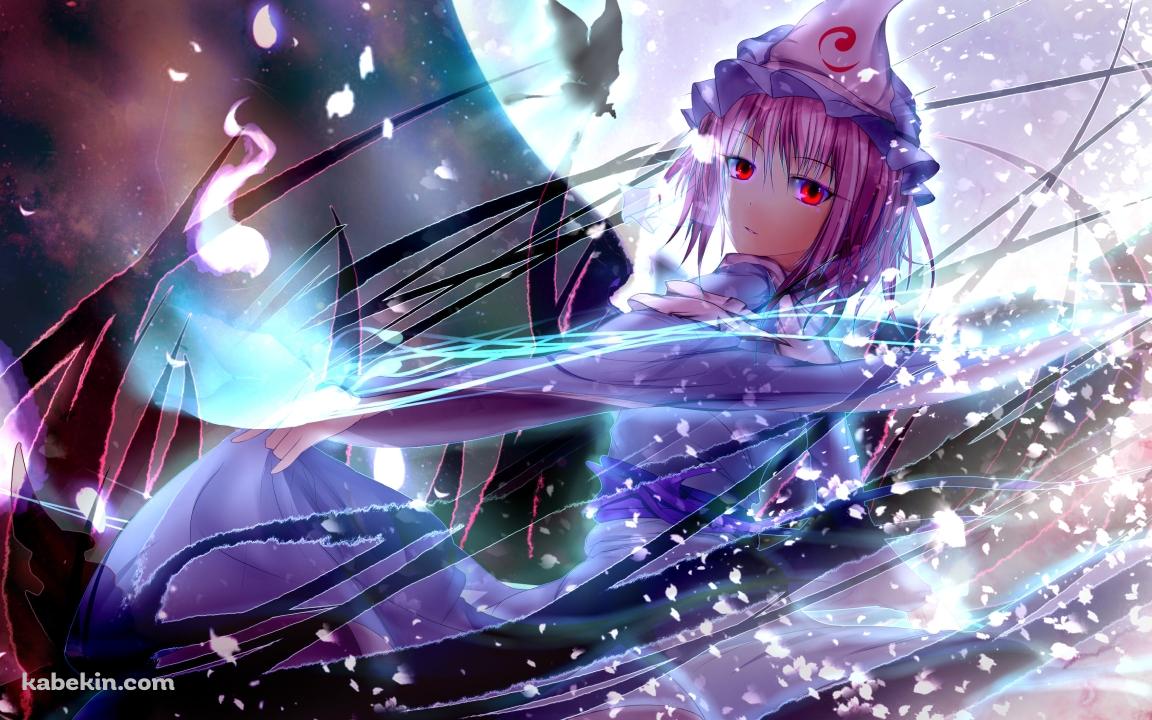 赤い瞳でこちらを見つめる西行寺幽々子 / 満月 / 東方の壁紙(1152px x 720px) 高画質 PC・デスクトップ用