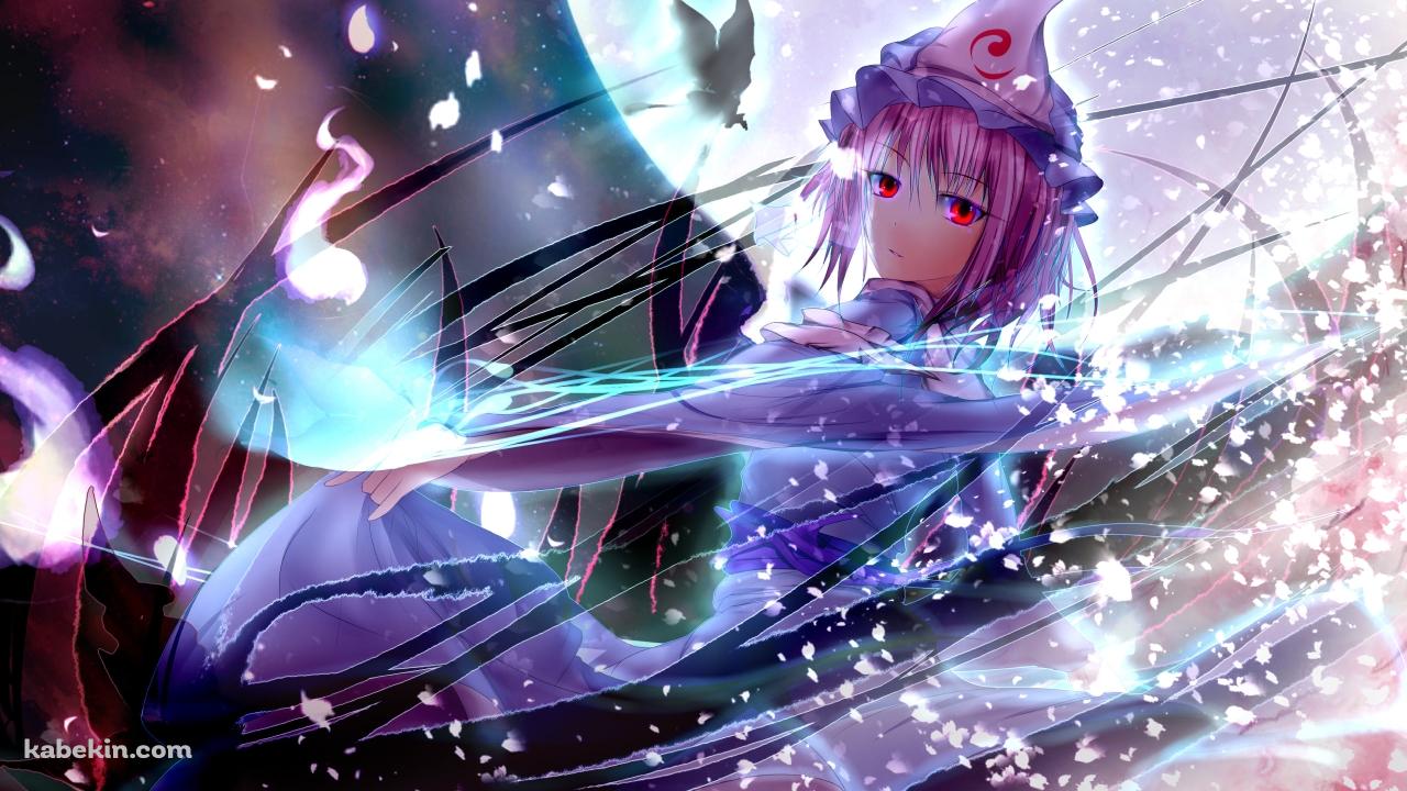 赤い瞳でこちらを見つめる西行寺幽々子 / 満月 / 東方の壁紙(1280px x 720px) 高画質 PC・デスクトップ用