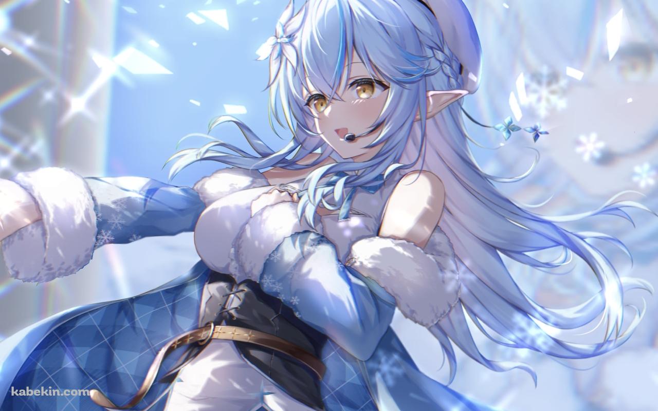 雪の結晶とヘッドセットをつけて歌う雪花ラミィ / ホロライブ / バーチャルYouTuber / Vtuberの壁紙(1280px x 800px) 高画質 PC・デスクトップ用