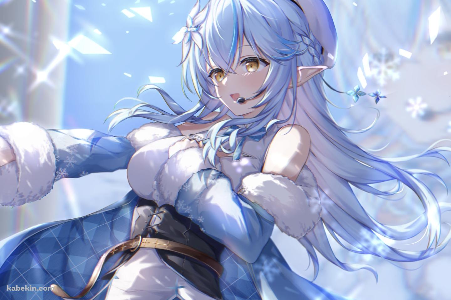 雪の結晶とヘッドセットをつけて歌う雪花ラミィ / ホロライブ / バーチャルYouTuber / Vtuberの壁紙(1440px x 960px) 高画質 PC・デスクトップ用