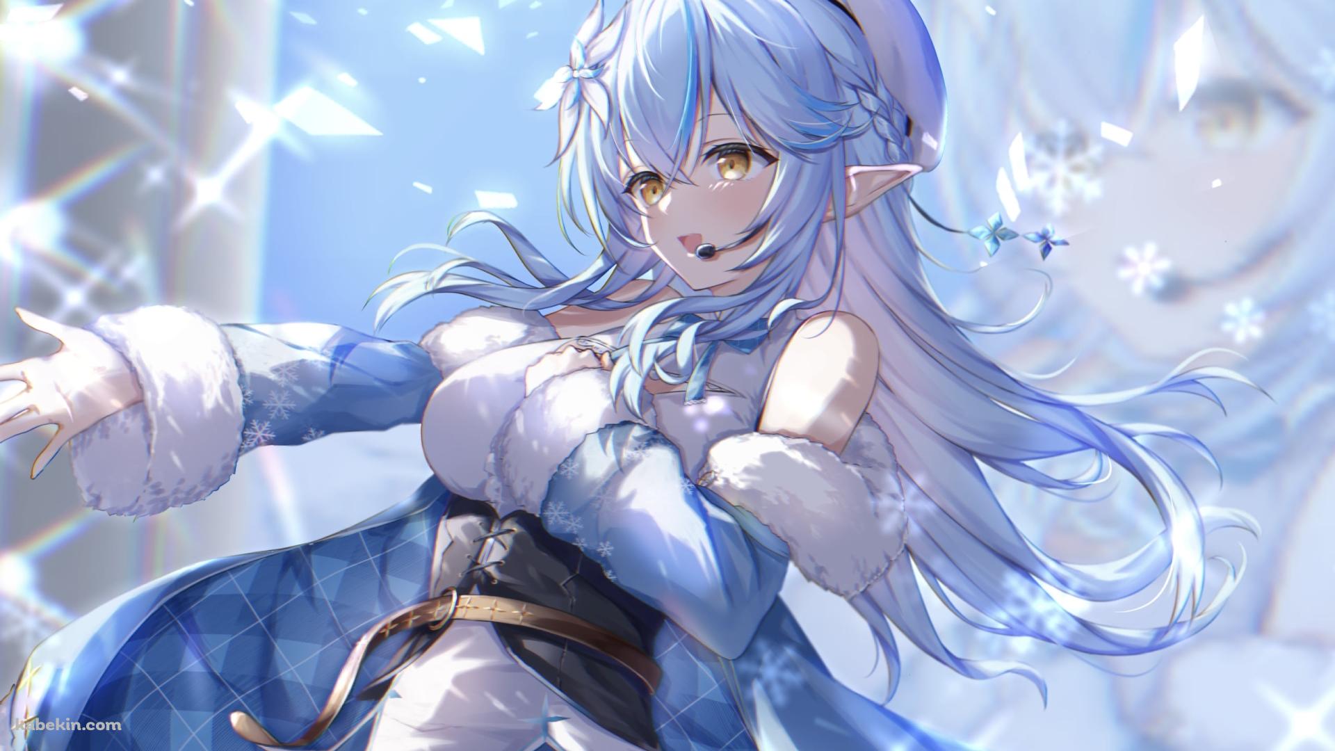 雪の結晶とヘッドセットをつけて歌う雪花ラミィ / ホロライブ / バーチャルYouTuber / Vtuberの壁紙(1920px x 1080px) 高画質 PC・デスクトップ用
