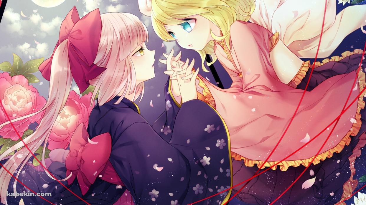 両手を合わせる着物を着た鏡音リンと猫村いろは / ボカロの壁紙(1242px x 698px) 高画質 PC・デスクトップ用