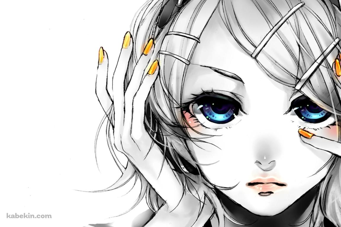 顔に手をあて青い瞳でこちらを見つめる鏡音リン / ボーカロイドの壁紙(1152px x 768px) 高画質 PC・デスクトップ用