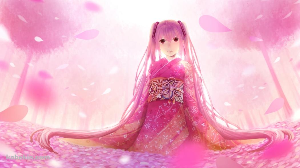 ピンクの着物を着た初音ミク / 桜ミク / ボーカロイドの壁紙(1051px x 591px) 高画質 PC・デスクトップ用