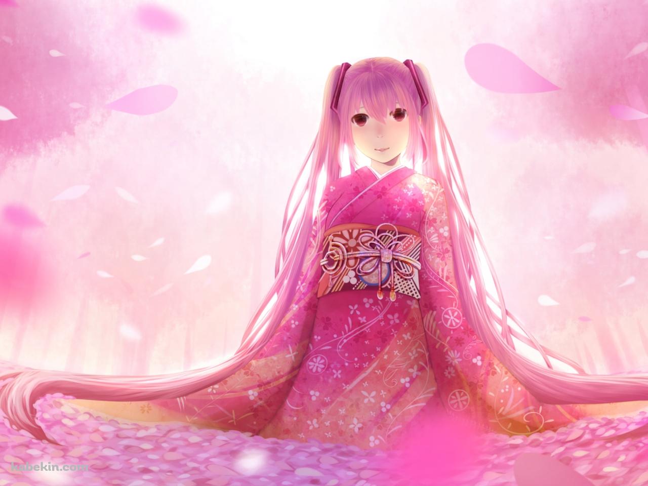 ピンクの着物を着た初音ミク / 桜ミク / ボーカロイドの壁紙(1280px x 960px) 高画質 PC・デスクトップ用