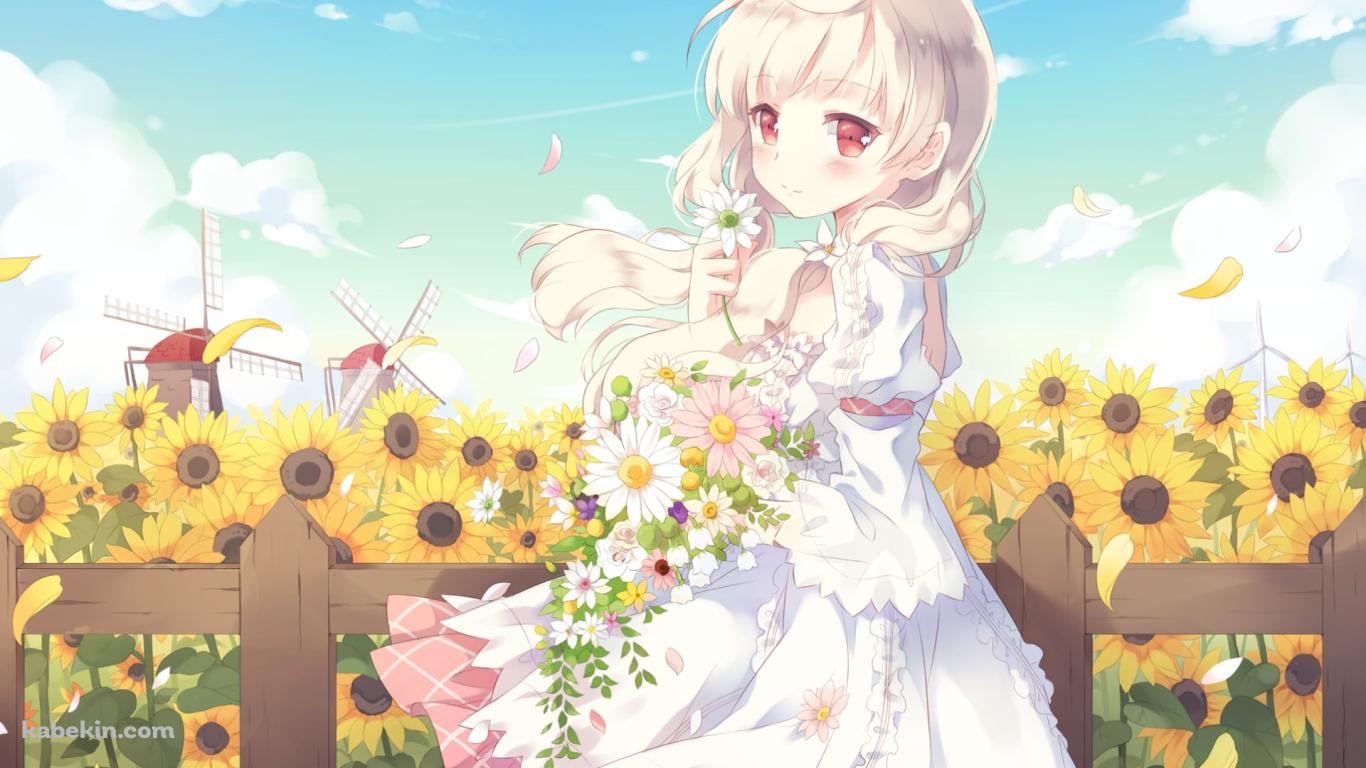 白い花を持つ可愛い荻原 杏子 / 向日葵 / 風車 / CAFE SOURIREの壁紙(1366px x 768px) 高画質 PC・デスクトップ用