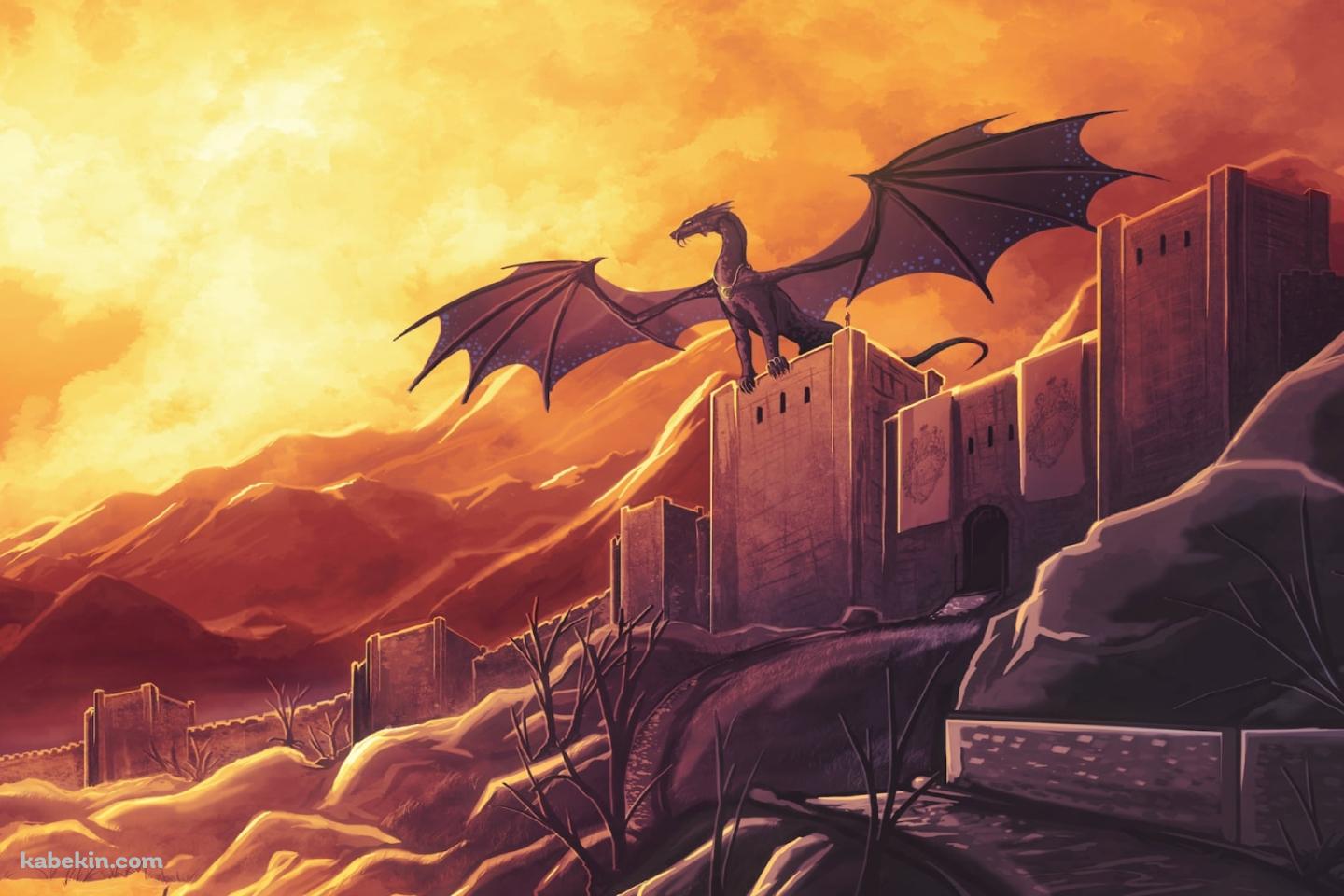 夕暮れの要塞とドラゴンの壁紙(1440px x 960px) 高画質 PC・デスクトップ用
