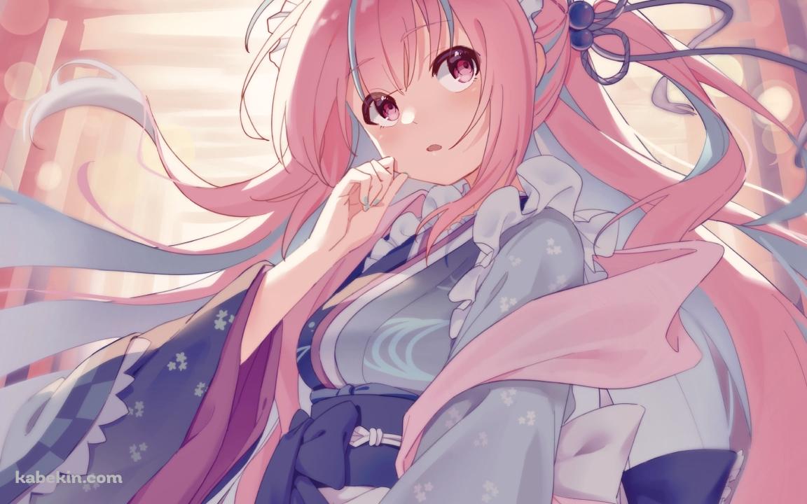 水色の着物を着たピンクのロングヘア―の湊あくあ / ホロライブ / バーチャルYouTuber / Vtuberの壁紙(1152px x 720px) 高画質 PC・デスクトップ用