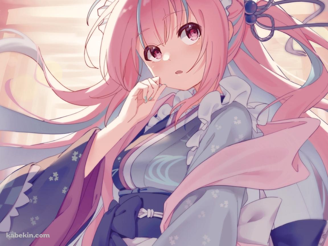 水色の着物を着たピンクのロングヘア―の湊あくあ / ホロライブ / バーチャルYouTuber / Vtuberの壁紙(1152px x 864px) 高画質 PC・デスクトップ用
