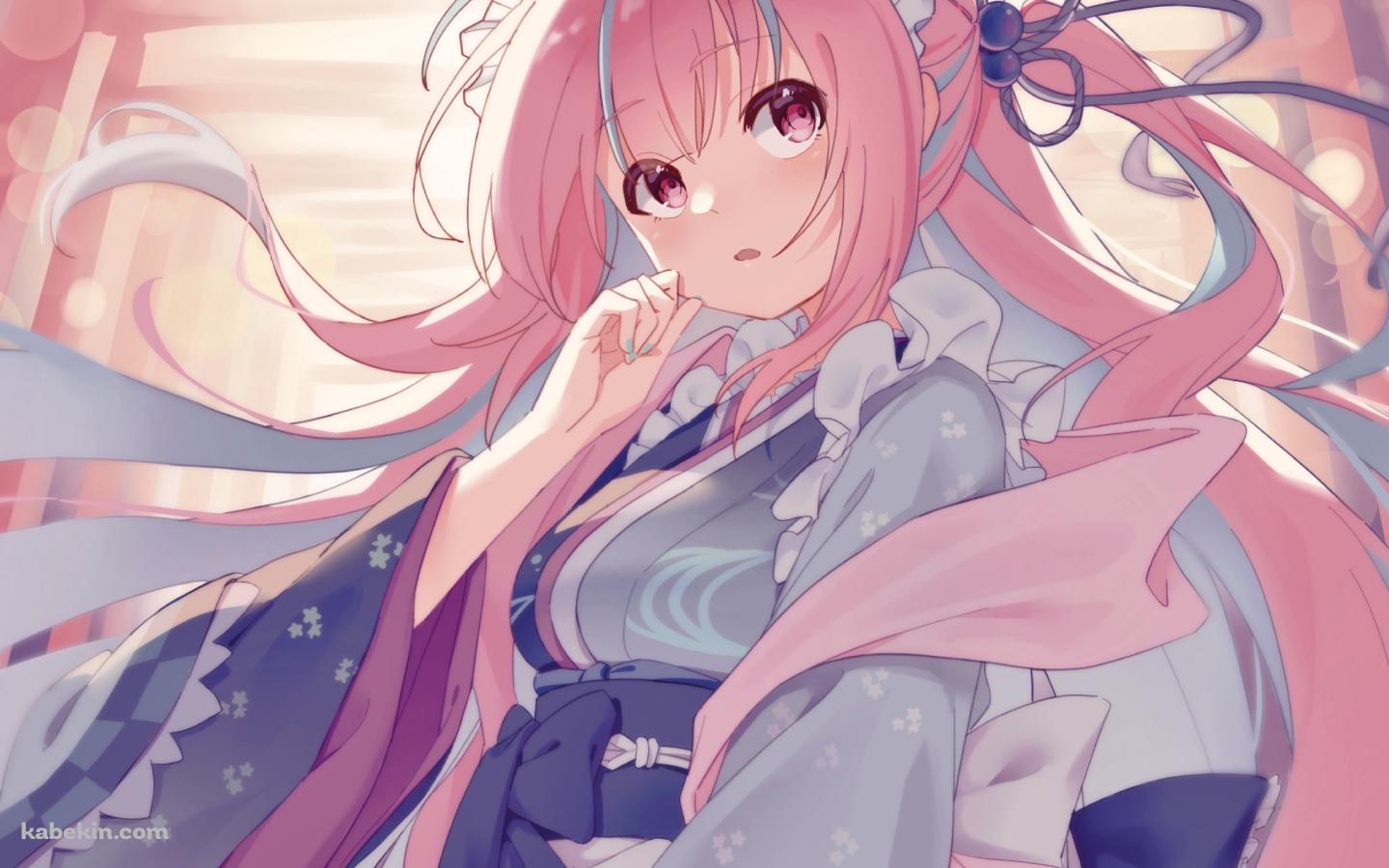 水色の着物を着たピンクのロングヘア―の湊あくあ / ホロライブ / バーチャルYouTuber / Vtuberの壁紙(1440px x 900px) 高画質 PC・デスクトップ用