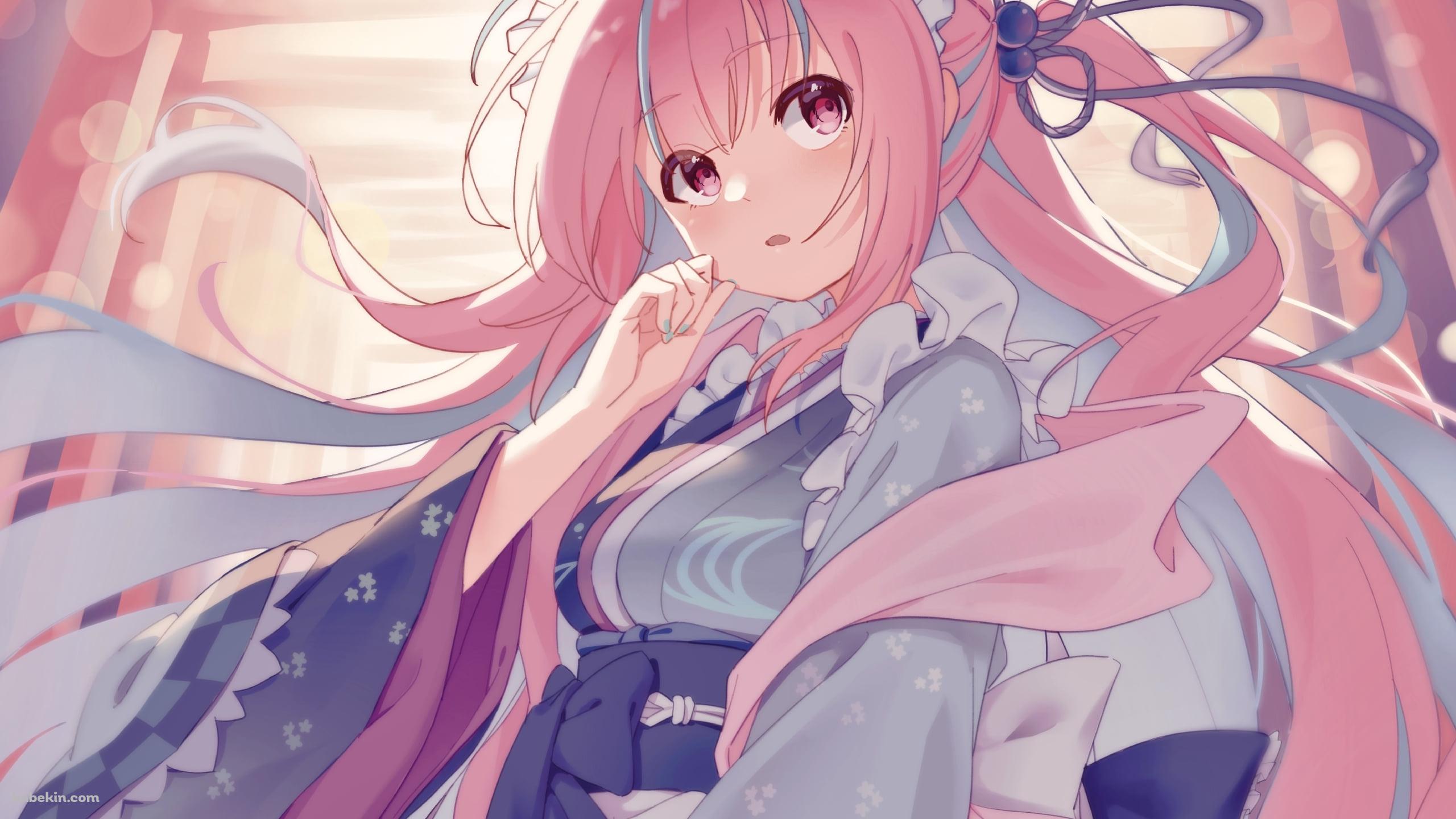 水色の着物を着たピンクのロングヘア―の湊あくあ / ホロライブ / バーチャルYouTuber / Vtuberの壁紙(2560px x 1440px) 高画質 PC・デスクトップ用