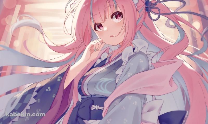 水色の着物を着たピンクのロングヘア―の湊あくあ / ホロライブ / バーチャルYouTuber / Vtuberの壁紙(800px x 480px) 高画質 PC・デスクトップ用