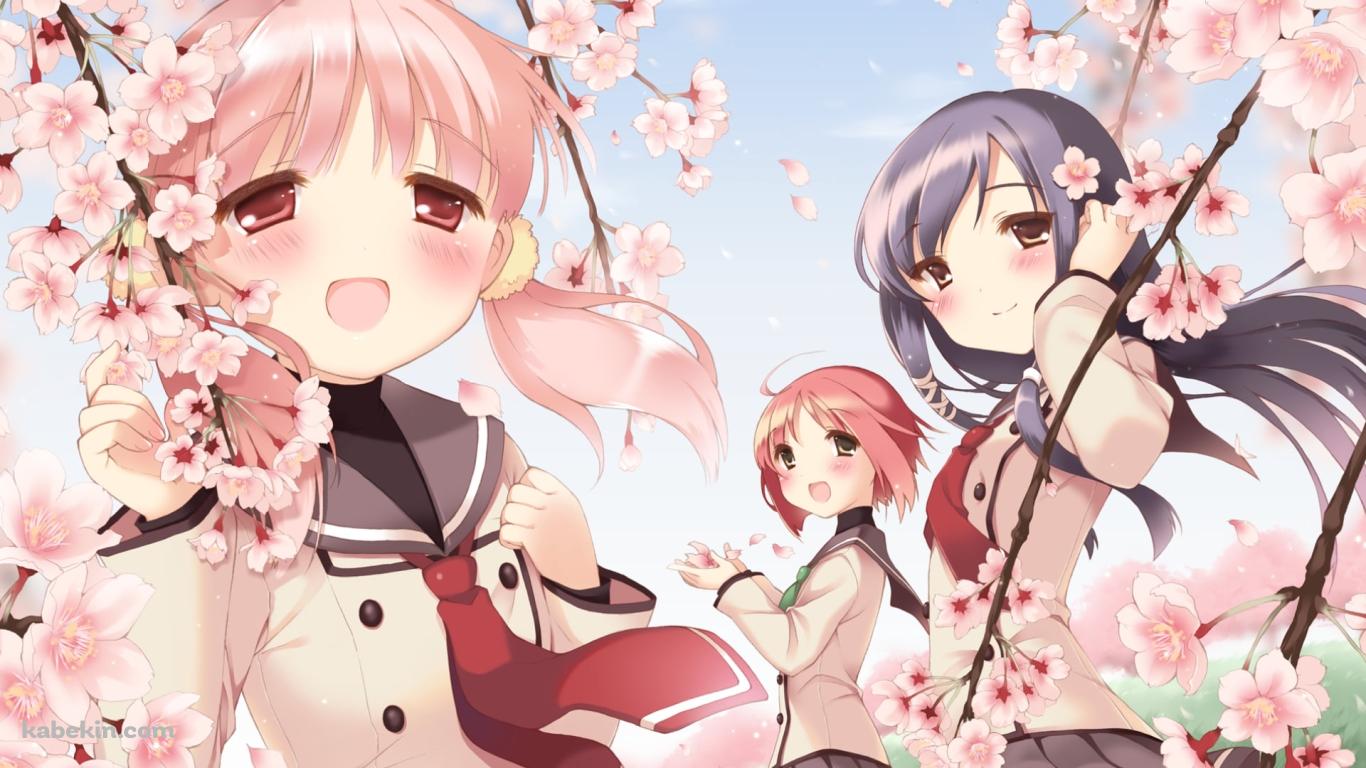 桜と制服を着た秋野 紅葉 / 桐山 桜 / 瀬良 可憐 / さくらむすびの壁紙(1366px x 768px) 高画質 PC・デスクトップ用