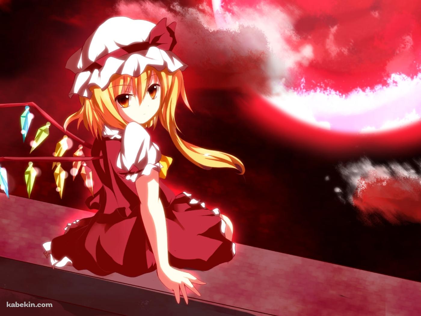 赤い月と壁に座るフランドール・スカーレット / 東方の壁紙(1400px x 1050px) 高画質 PC・デスクトップ用