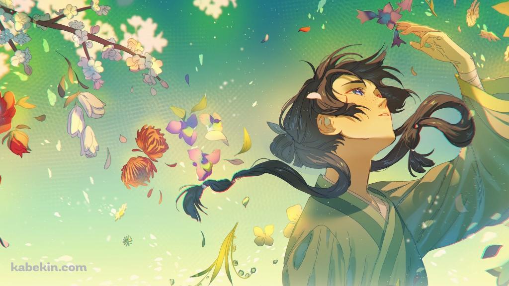 カラフルな花と手をかざす猫猫 / 薬屋のひとりごとの壁紙(1024px x 576px) 高画質 PC・デスクトップ用