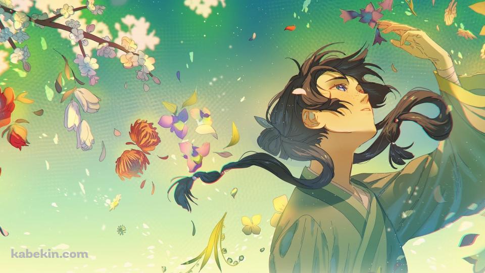 カラフルな花と手をかざす猫猫 / 薬屋のひとりごとの壁紙(960px x 540px) 高画質 PC・デスクトップ用