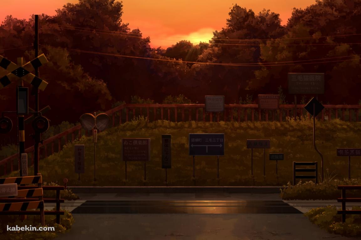 夕暮れ時の踏切と線路と電線の壁紙(1152px x 768px) 高画質 PC・デスクトップ用